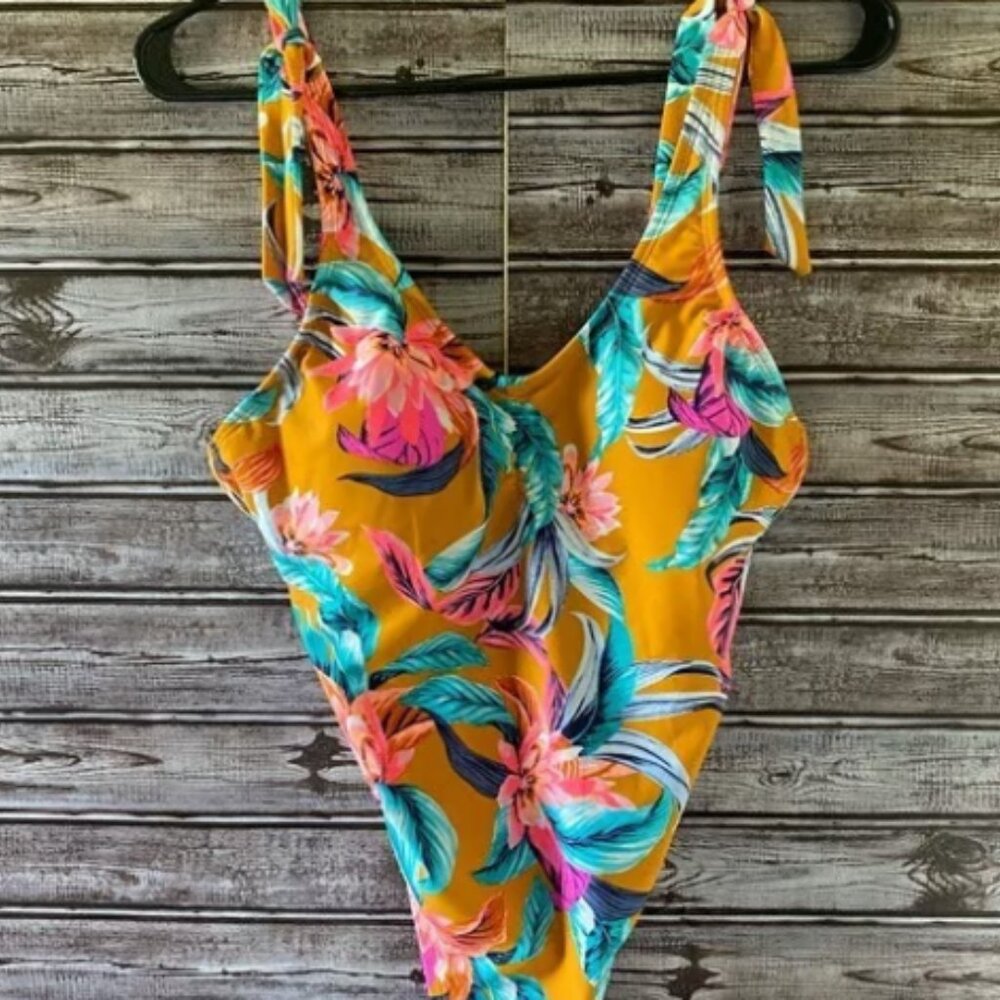 Xhilaration Tropical Print One Piece Orange & Pink Swimsuit sz XS EUC